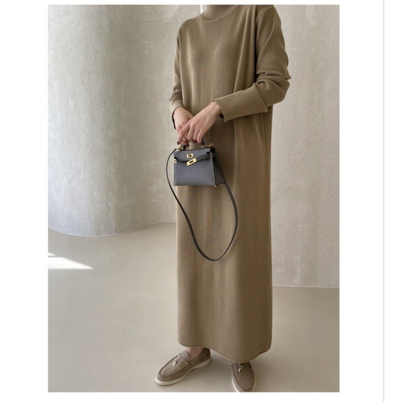 Elegant Knit Shawl & Half-Turtleneck Maxi Dress Set | Two-Piece Modest Outfit(MS117)