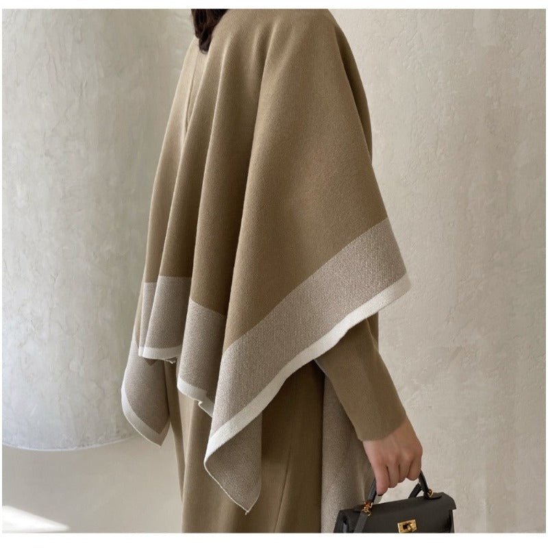 Elegant Knit Shawl & Half-Turtleneck Maxi Dress Set | Two-Piece Modest Outfit(MS117)