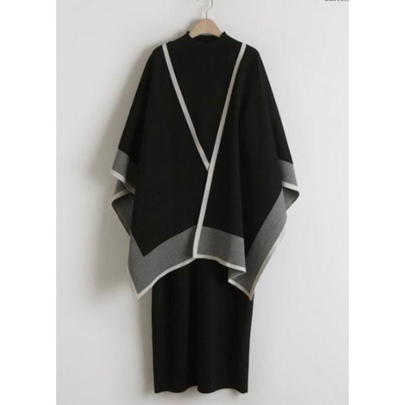 Elegant Knit Shawl & Half-Turtleneck Maxi Dress Set | Two-Piece Modest Outfit(MS117)