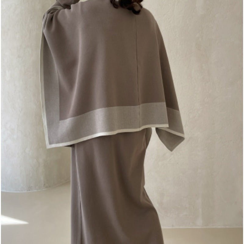 Elegant Knit Shawl & Half-Turtleneck Maxi Dress Set | Two-Piece Modest Outfit(MS117)