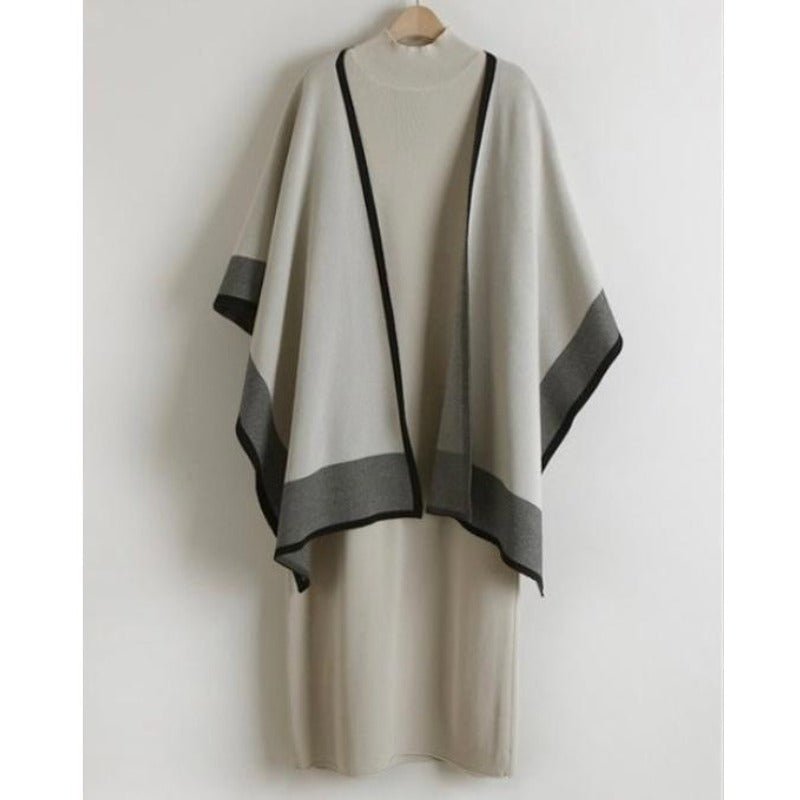 Elegant Knit Shawl & Half-Turtleneck Maxi Dress Set | Two-Piece Modest Outfit(MS117)