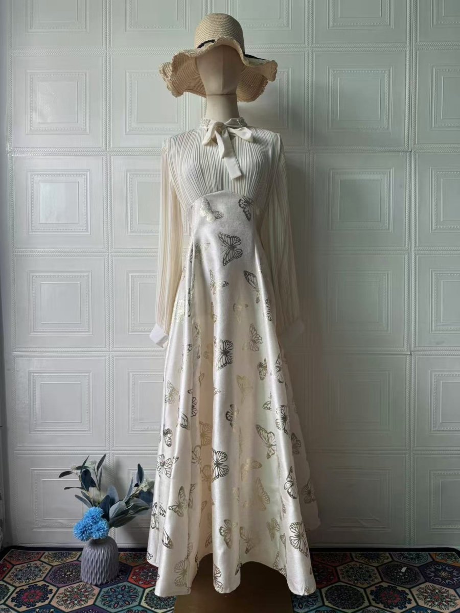 Elegant Long Sleeve Maxi Dress, Butterfly Patterned Abaya / Long Dress Gown (MA219)