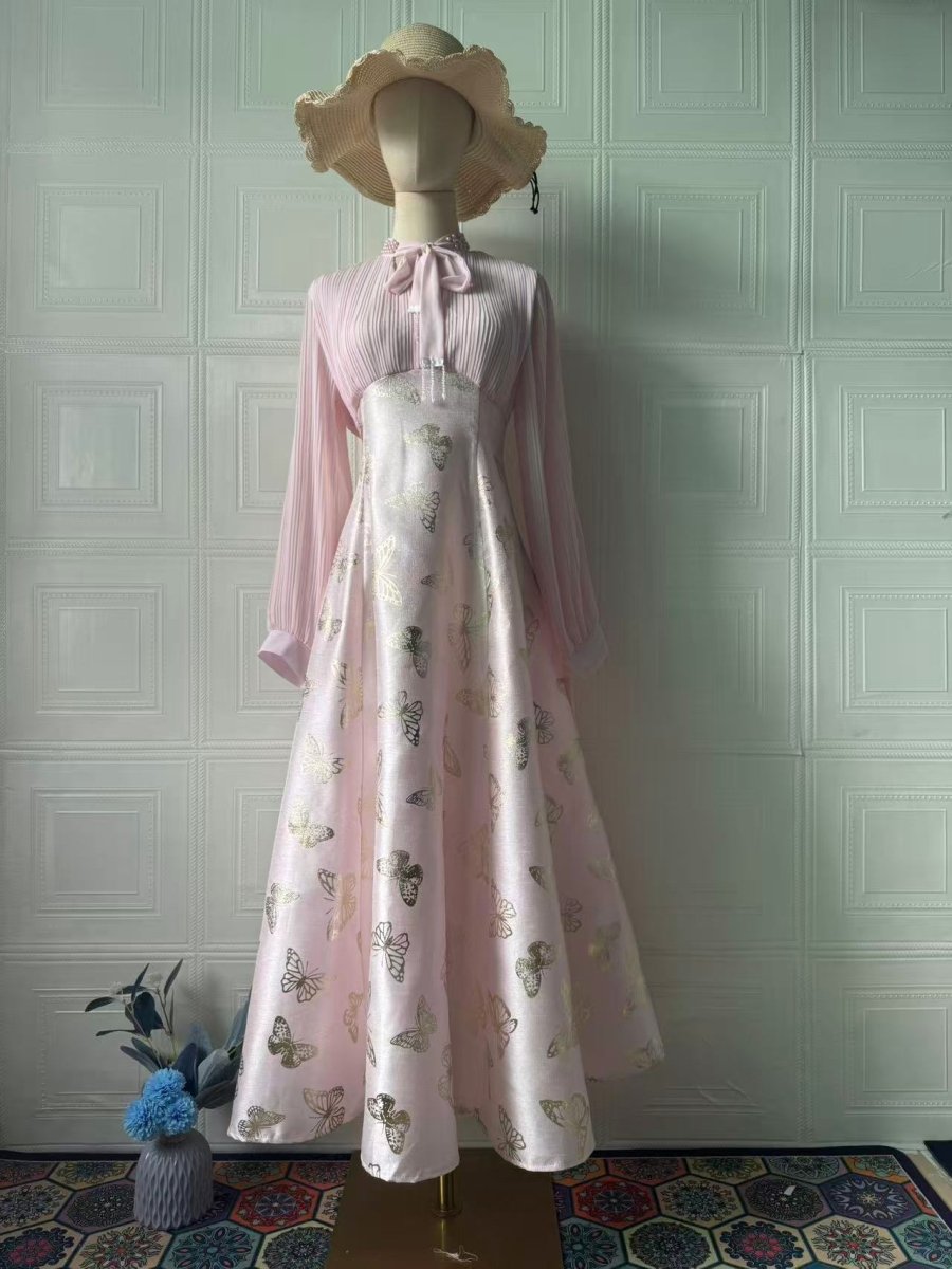 Elegant Long Sleeve Maxi Dress, Butterfly Patterned Abaya / Long Dress Gown (MA219)