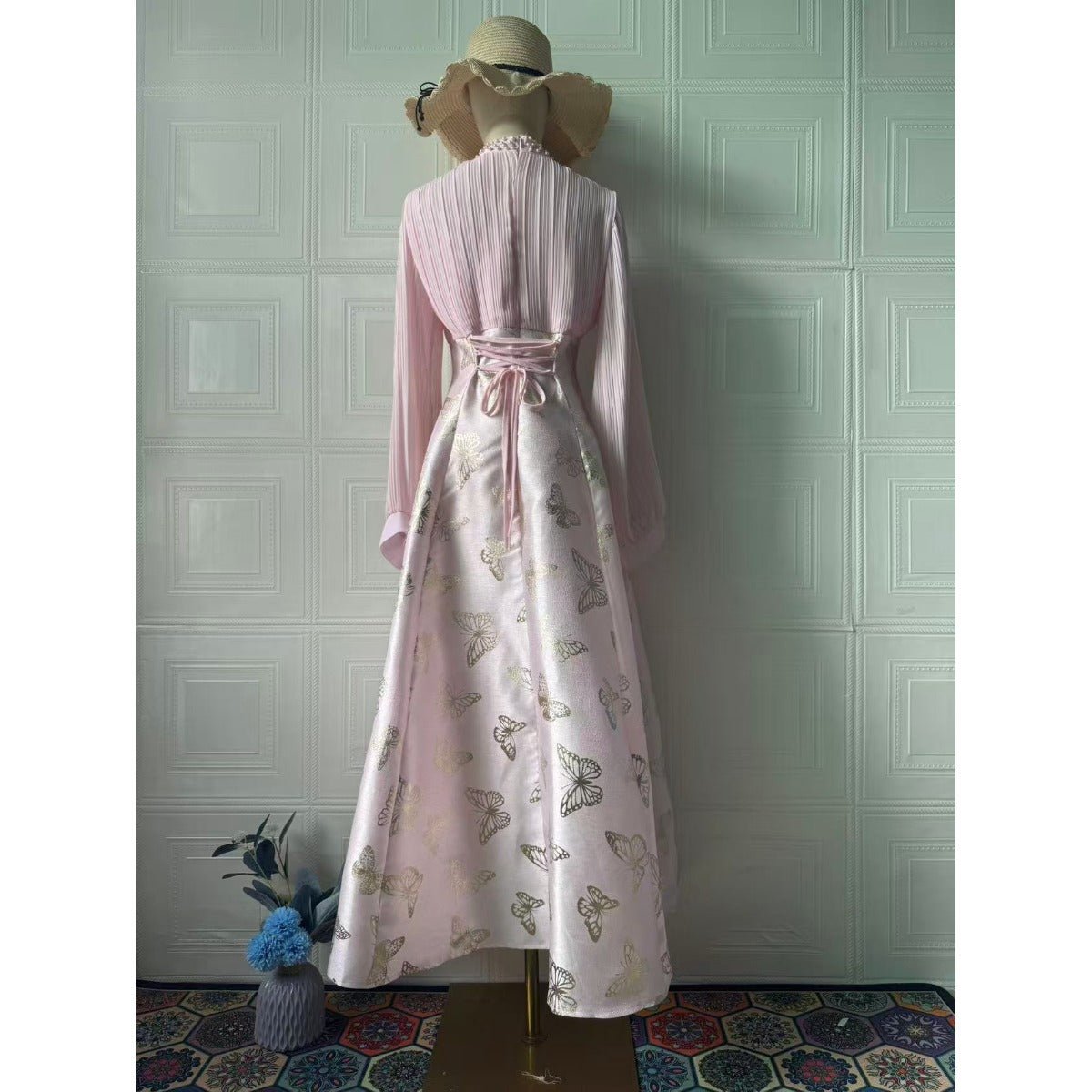 Elegant Long Sleeve Maxi Dress, Butterfly Patterned Abaya / Long Dress Gown (MA219)