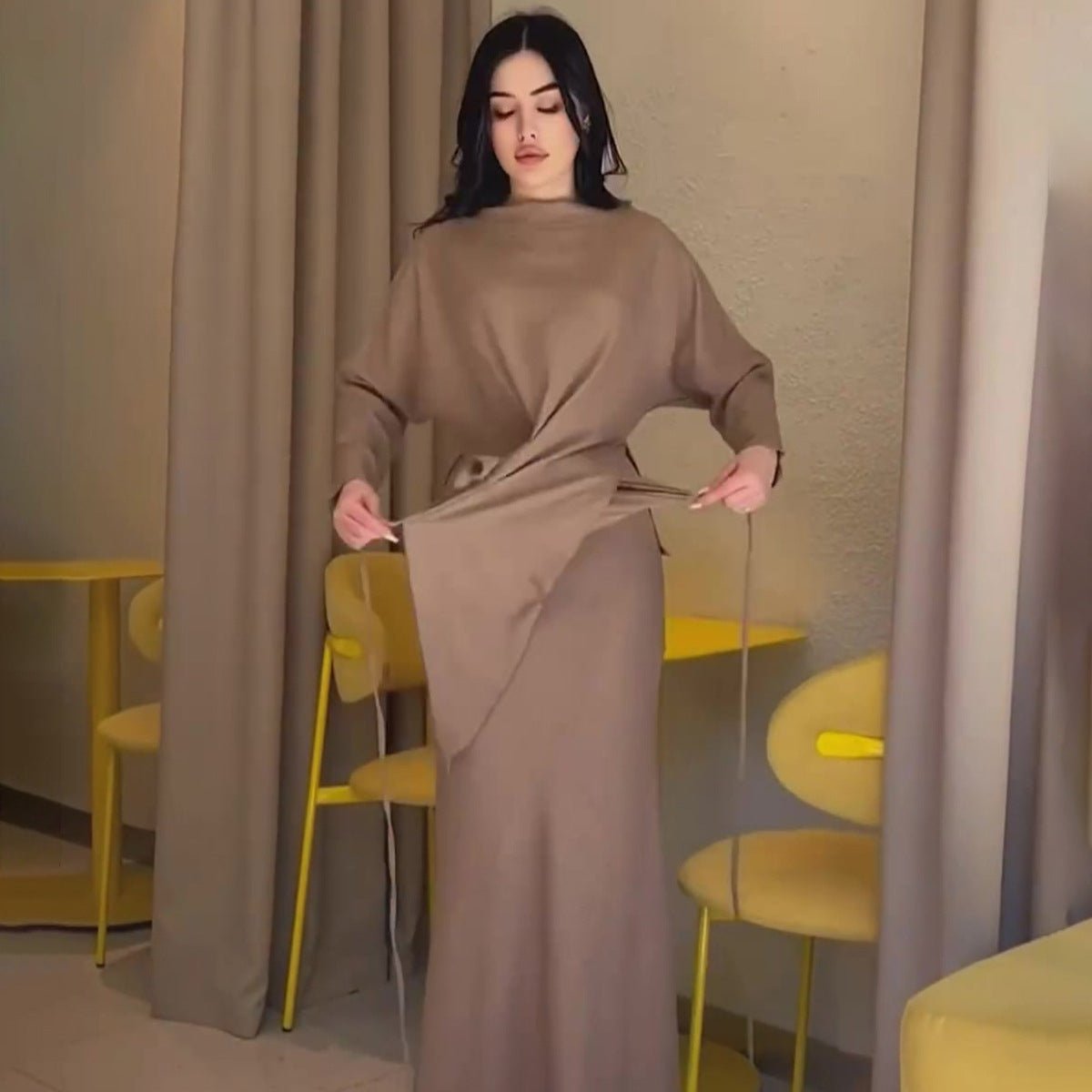 Elegant Long Sleeve Taupe Satin Cross-Lace Waist Skirt Two-Piece Abaya Outfit(MA208)