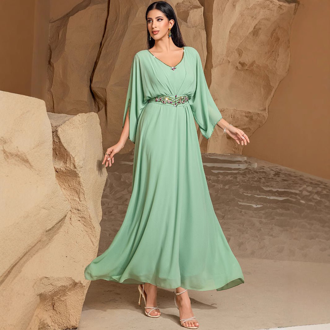 Elegant Mint Green V-Neck Swing Flowy A-Line Maxi Dress with Bell Sleeves & Embellished Belt Abaya (MA189)