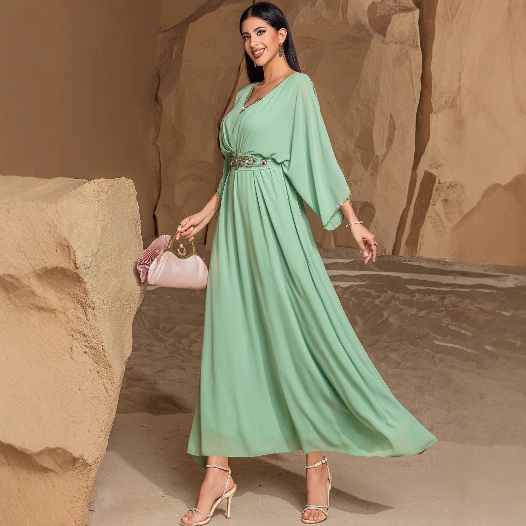 Elegant Mint Green V-Neck Swing Flowy A-Line Maxi Dress with Bell Sleeves & Embellished Belt Abaya (MA189)