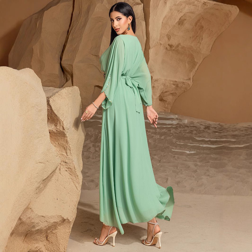 Elegant Mint Green V-Neck Swing Flowy A-Line Maxi Dress with Bell Sleeves & Embellished Belt Abaya (MA189)