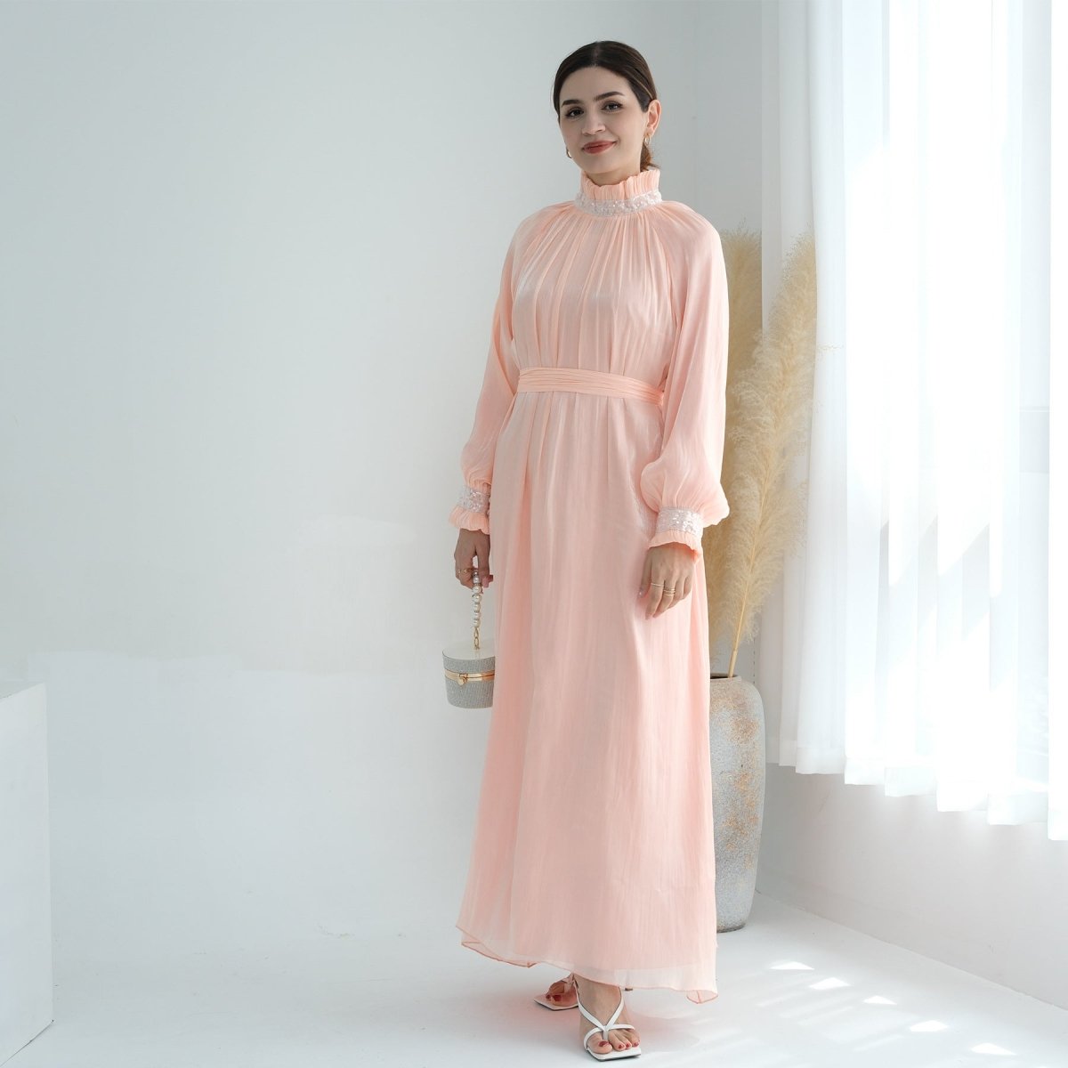 Elegant Modest Long Sleeve High-Neck Lace-Up Solid Color Dress Abaya (MA213)