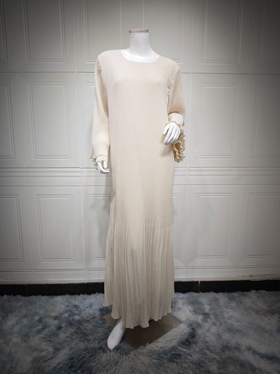 Elegant Muslim Women's Pleated Chiffon Pullover Robe Dress Modest Solid Color Abaya with Flared Sleeves (MA176)