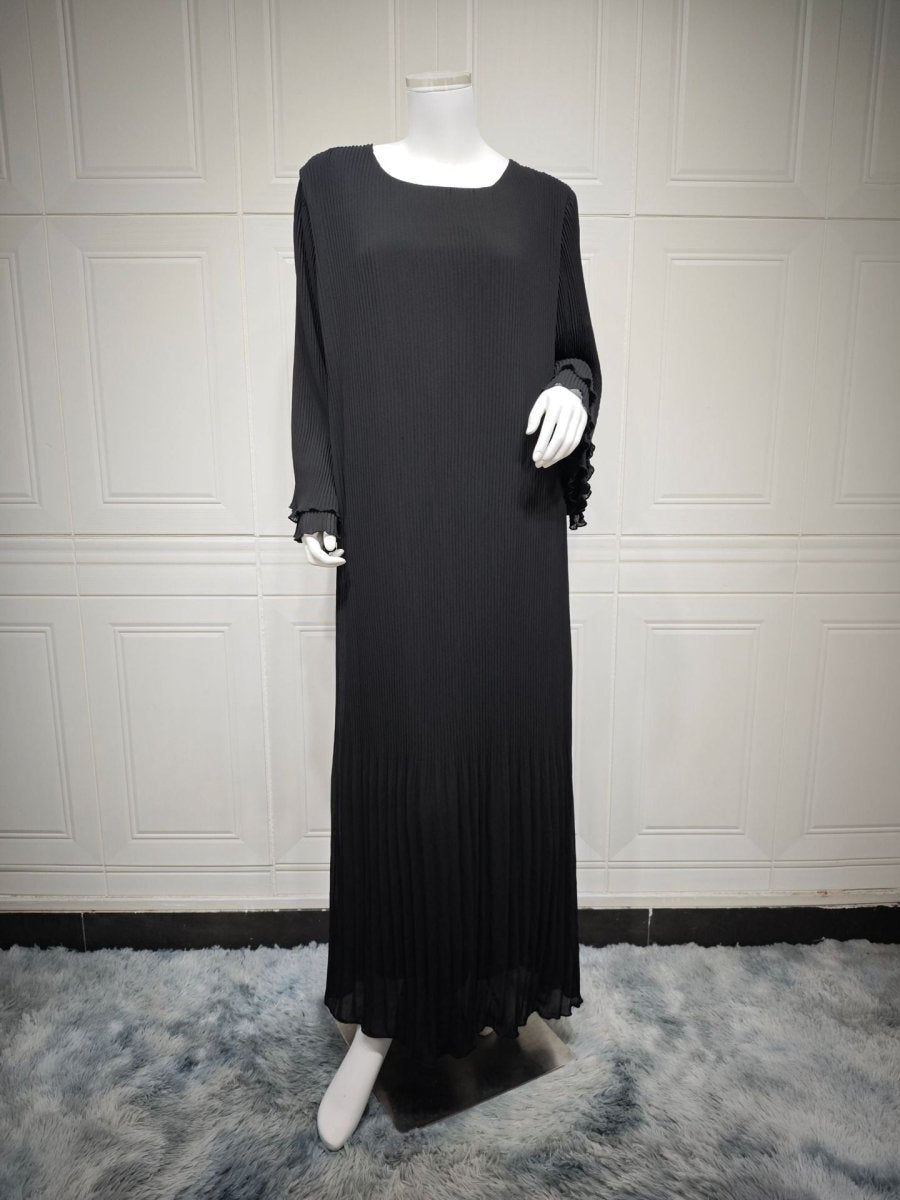 Elegant Muslim Women's Pleated Chiffon Pullover Robe Dress Modest Solid Color Abaya with Flared Sleeves (MA176)