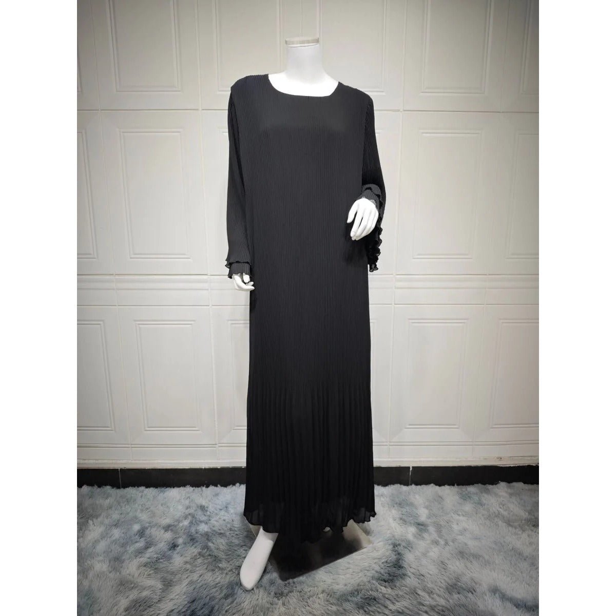 Elegant Muslim Women's Pleated Chiffon Pullover Robe Dress Modest Solid Color Abaya with Flared Sleeves (MA176)