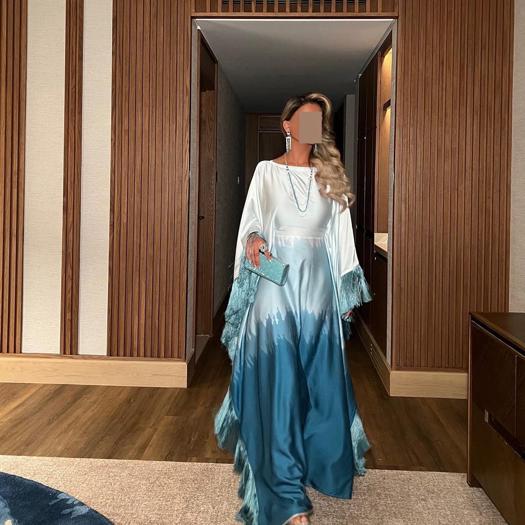 Elegant Ombre Gradient Abaya | Gradient Print Fringed Robe Dress Abaya (MA179)