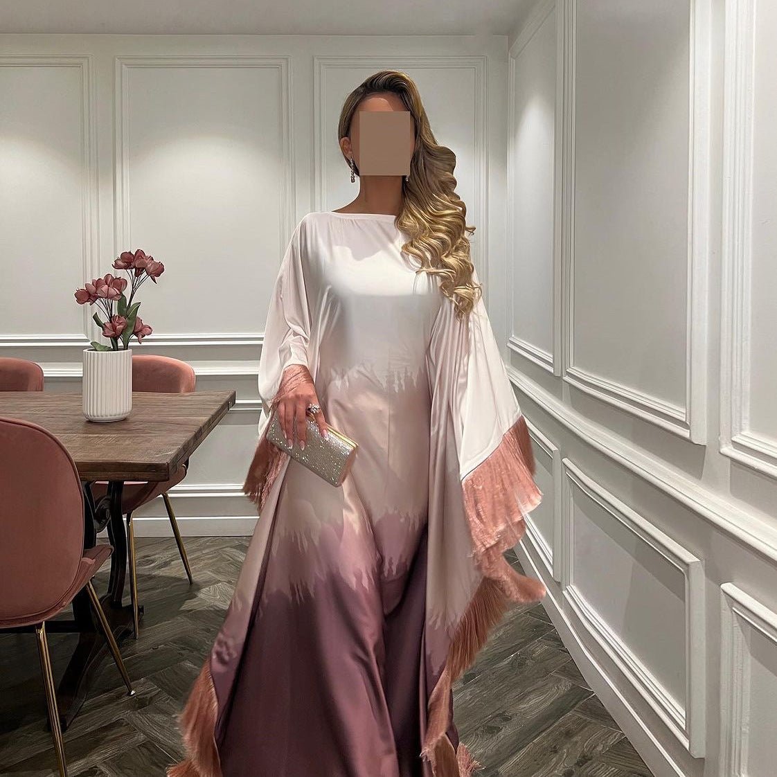 Elegant Ombre Gradient Abaya | Gradient Print Fringed Robe Dress Abaya (MA179)