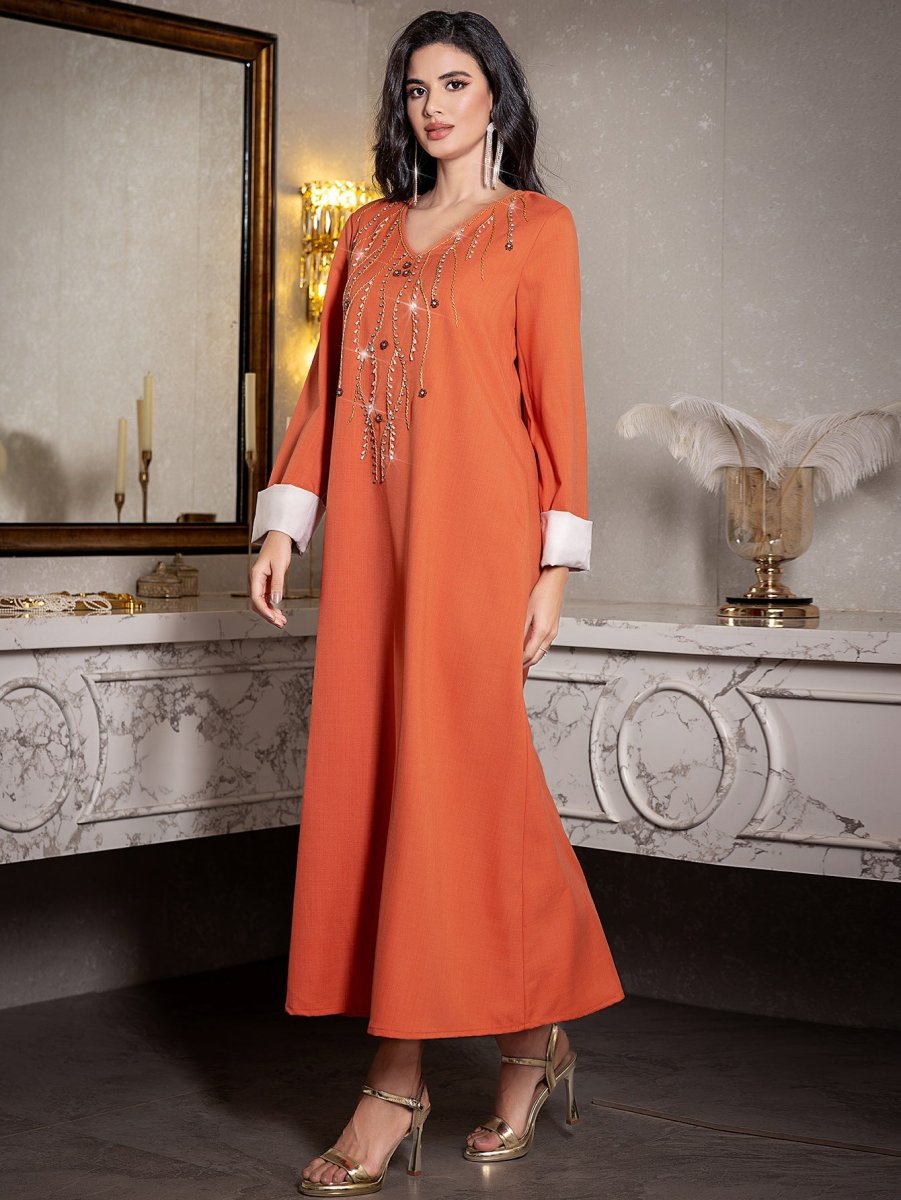 Elegant Orange V-Neck Loose Hand-Sewn Diamond & Pearl Embellished Long Dress with Contrast Cuffs Abaya (MA191)