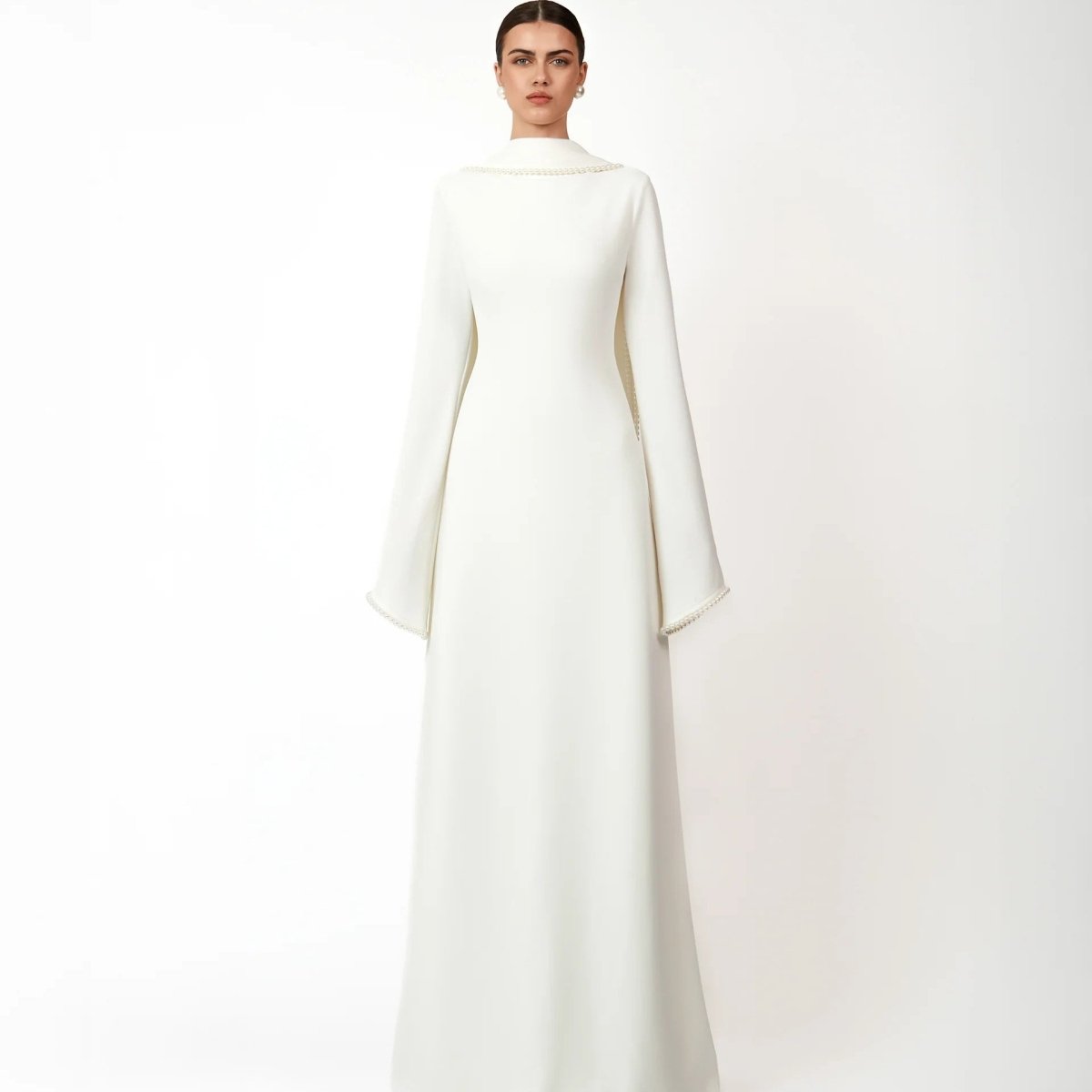 Elegant Pearl Embellished Cape Sleeve Evening Dress(MA337)