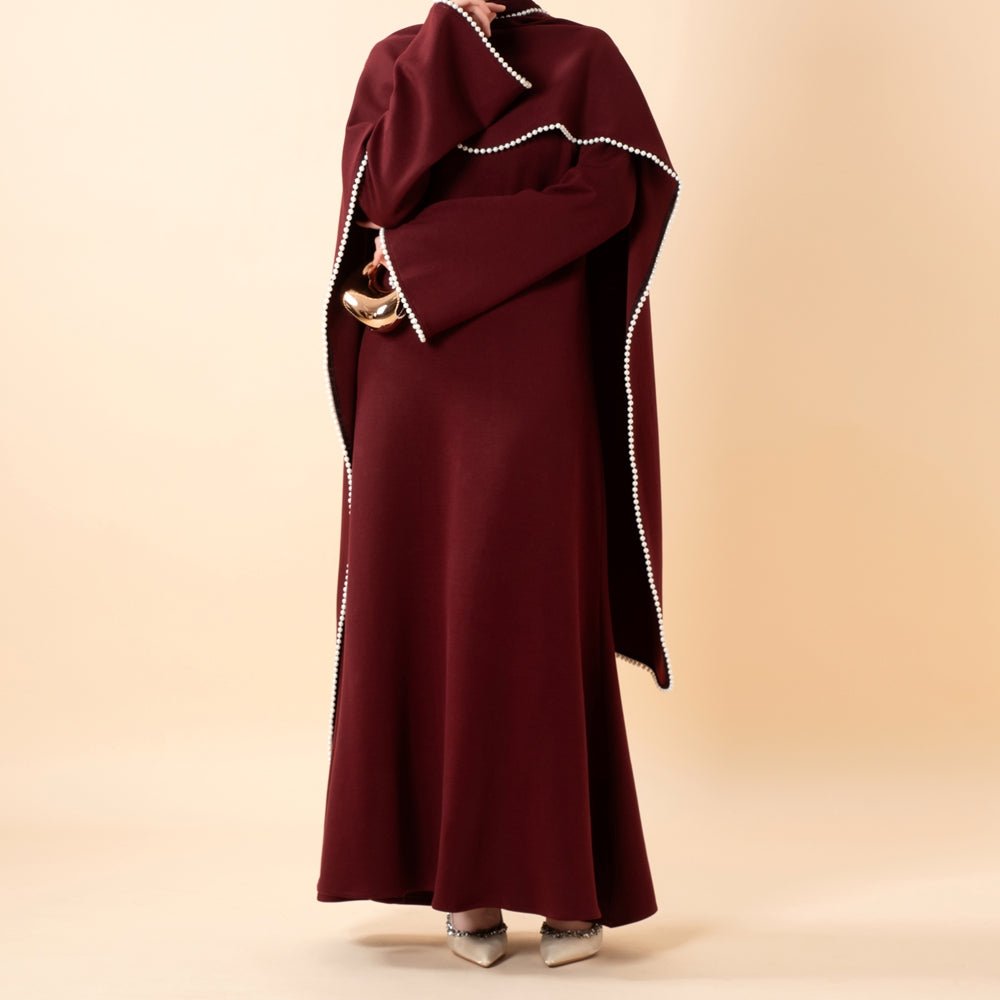 Elegant Pearl Embellished Cape Sleeve Evening Dress(MA337)