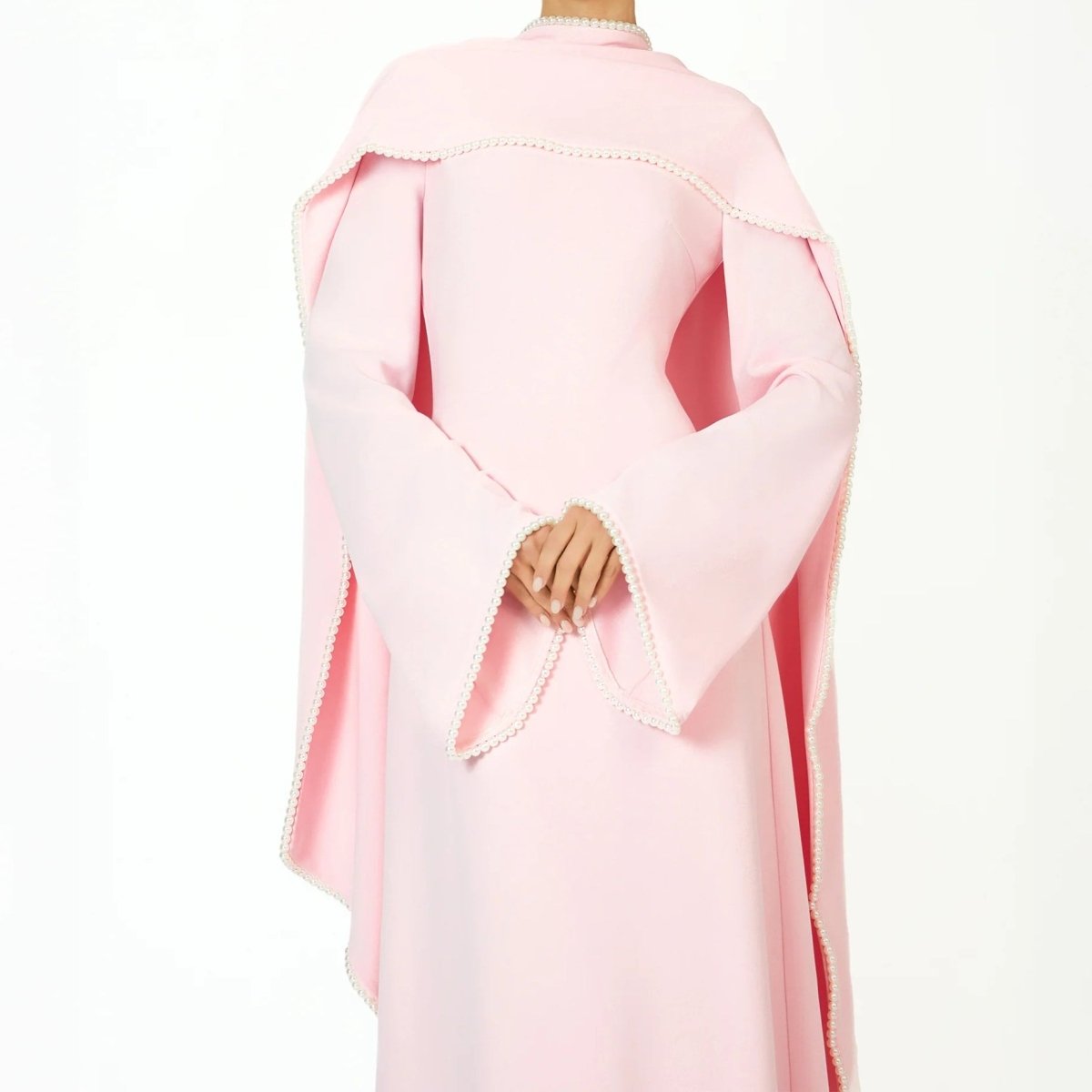 Elegant Pearl Embellished Cape Sleeve Evening Dress(MA337)