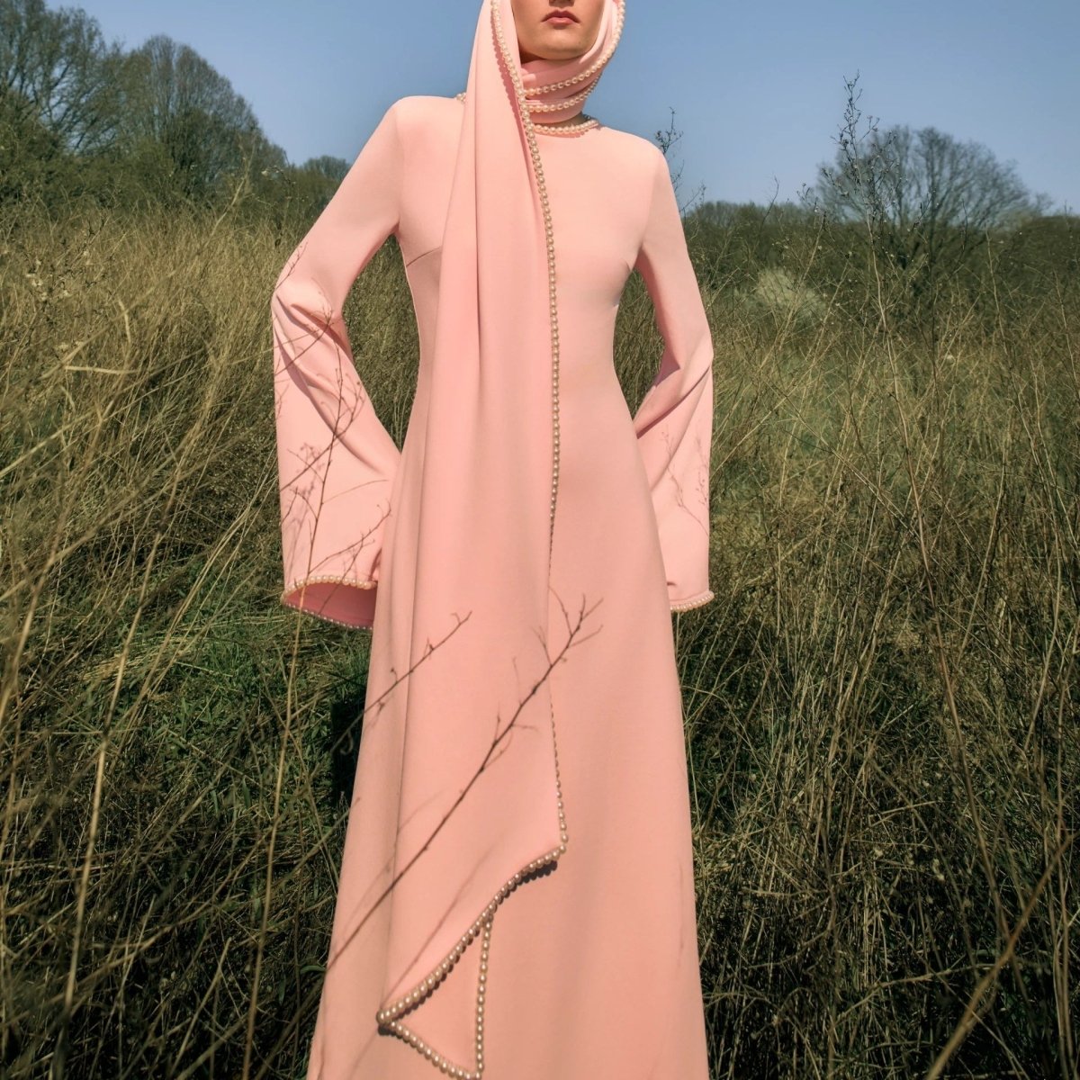 Elegant Pearl Embellished Cape Sleeve Evening Dress(MA400)