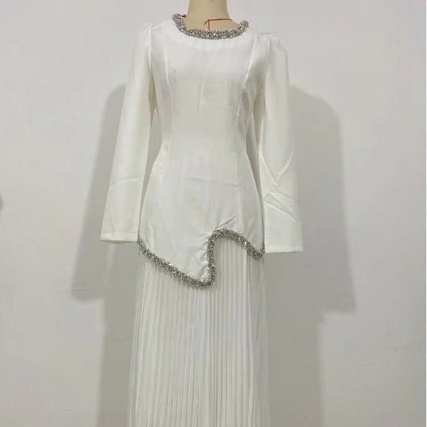 Elegant Pleated Abaya Dress with Diamond Embellished Collar & Waist | Modest Muslim Maxi Dress with Back Strap Detail(MA294)