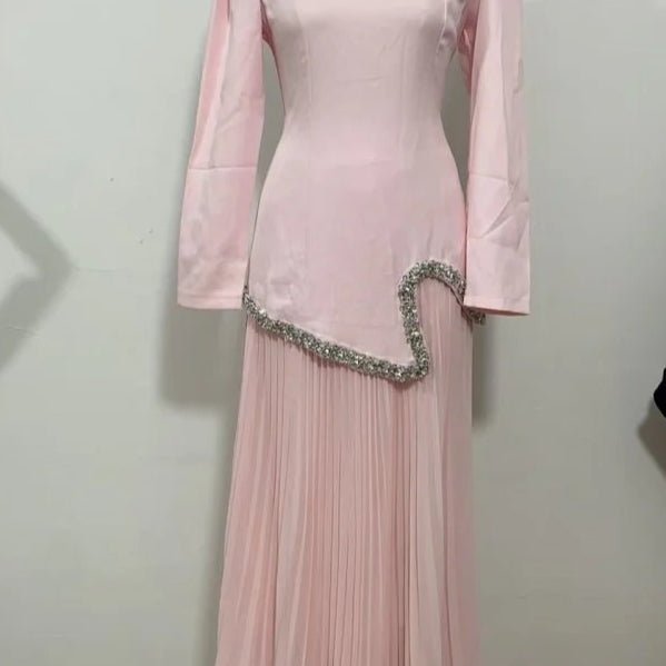 Elegant Pleated Abaya Dress with Diamond Embellished Collar & Waist | Modest Muslim Maxi Dress with Back Strap Detail(MA294)
