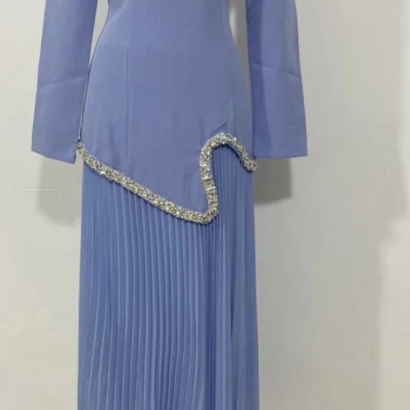 Elegant Pleated Abaya Dress with Diamond Embellished Collar & Waist | Modest Muslim Maxi Dress with Back Strap Detail(MA294)