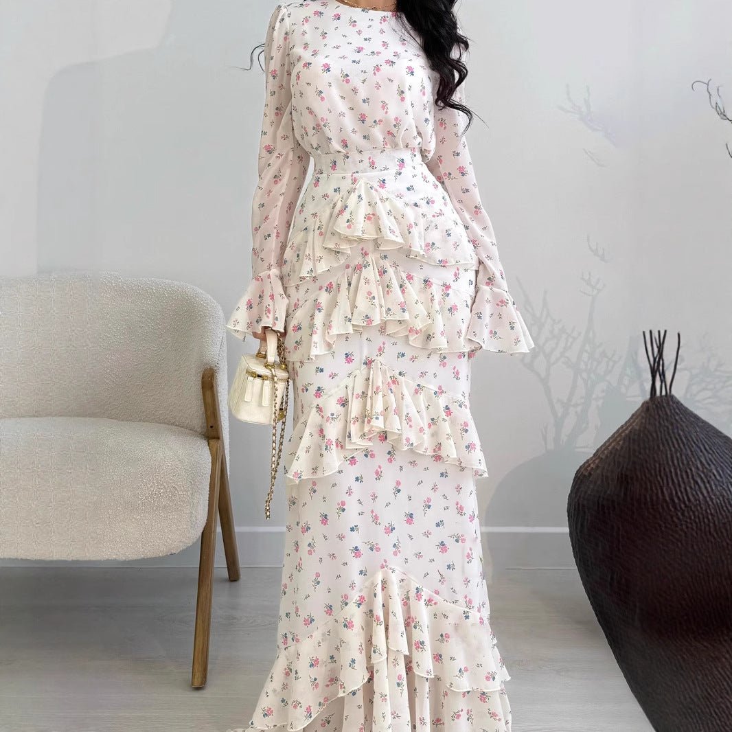 Elegant Romantic Floral Chiffon Fishtail  Ruffled Long Sleeve Dress Maxi Dress Abaya(MA212)