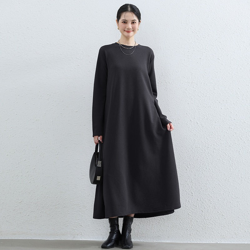 Elegant Round Neck A-Line Maxi Dress - Solid Color Modest Abaya with Pockets (MA310)