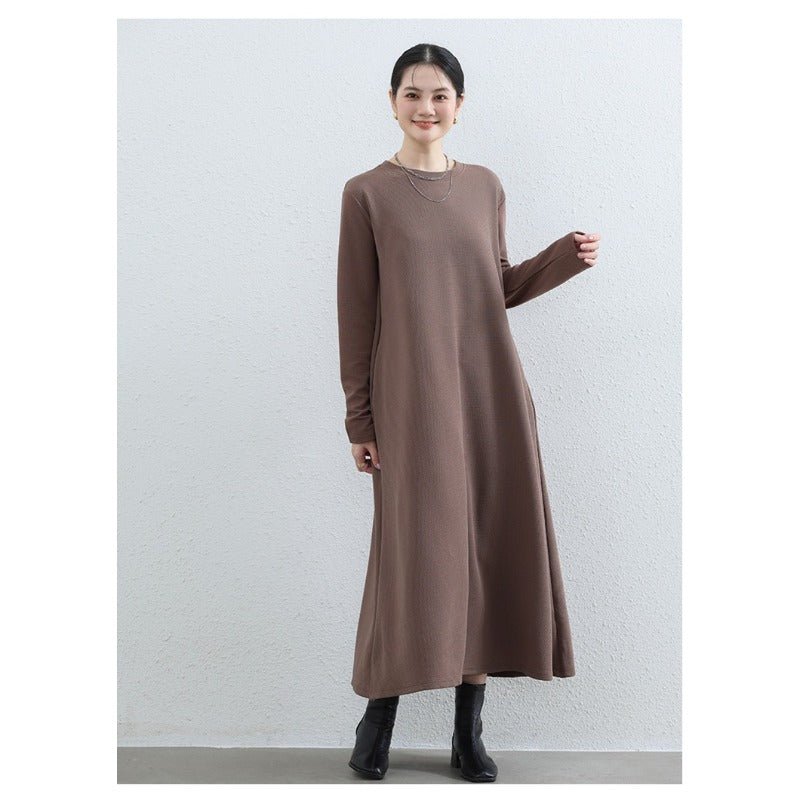 Elegant Round Neck A-Line Maxi Dress - Solid Color Modest Abaya with Pockets (MA310)