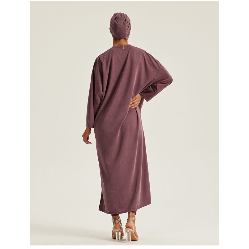 Round Neck Drop Shoulder Maxi Dress - Solid Color Modest Abaya with Side Slits (MA309)