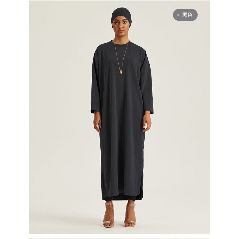 Round Neck Drop Shoulder Maxi Dress - Solid Color Modest Abaya with Side Slits (MA309)