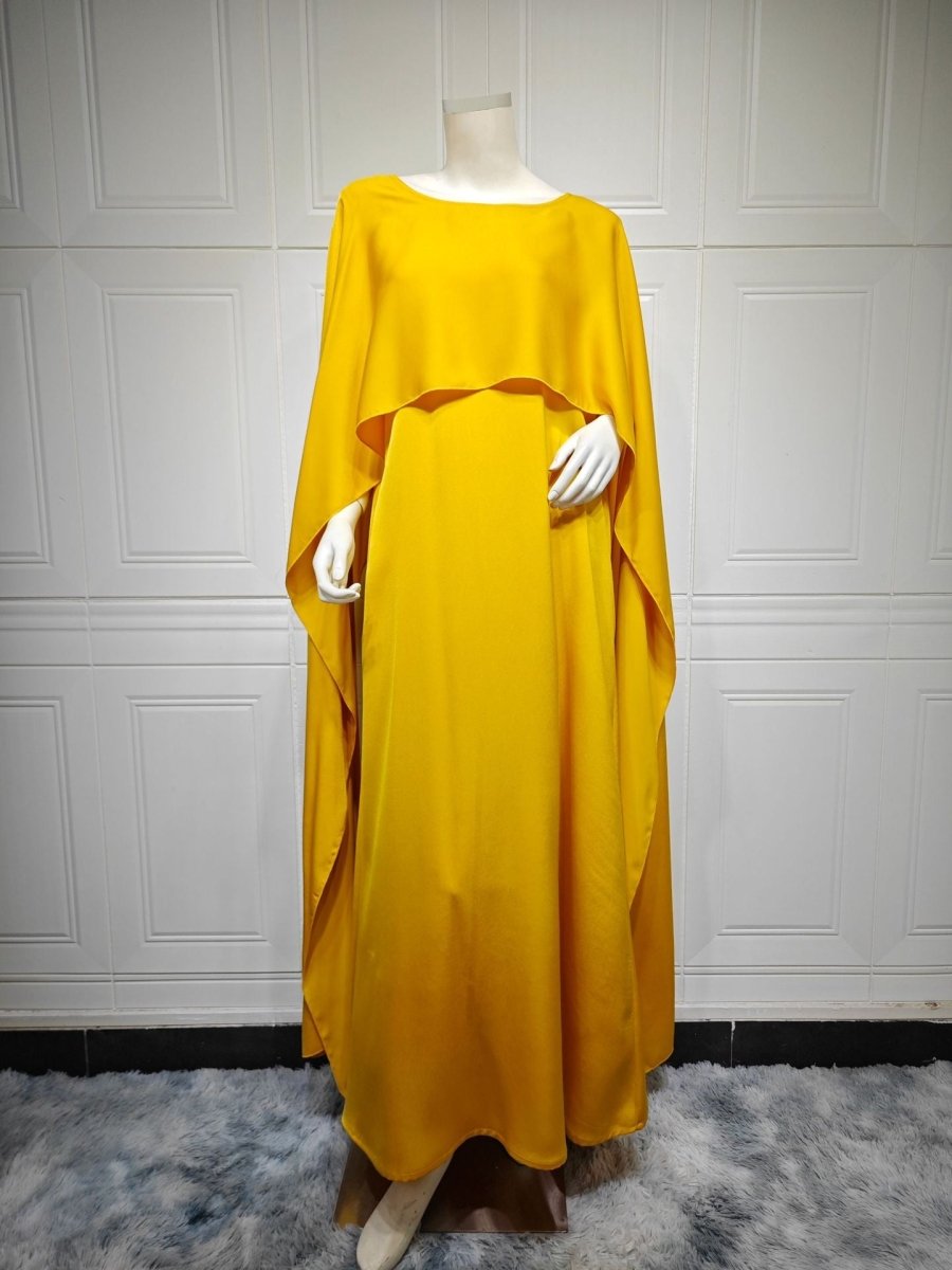 Elegant Royal Satin Abaya Dress | Modest Cape Sleeve Maxi Robe with Luxurious Draping(MA289)