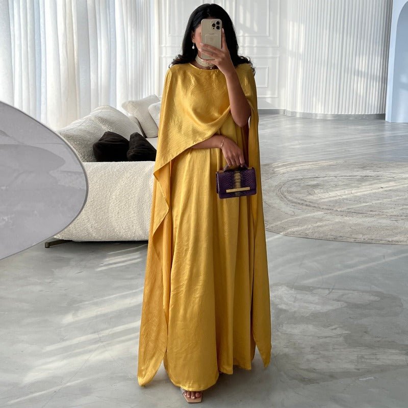 Elegant Royal Satin Abaya Dress | Modest Cape Sleeve Maxi Robe with Luxurious Draping(MA289)
