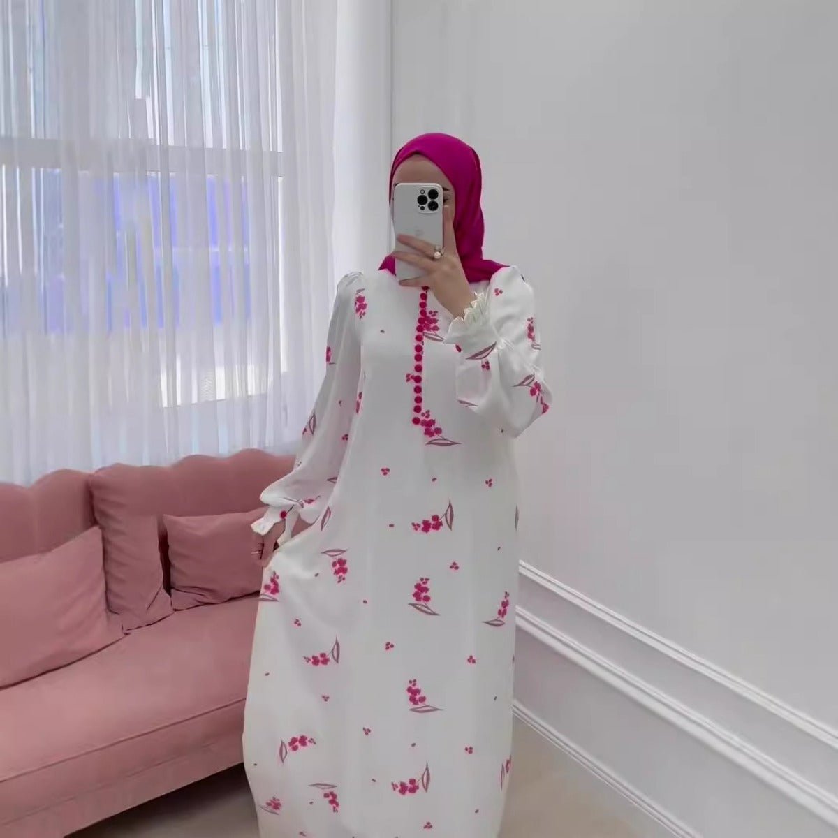 Elegant Ruffle Sleeve Romantic Pink Floral Maxi Dress Modest Gown Abaya (MA227)