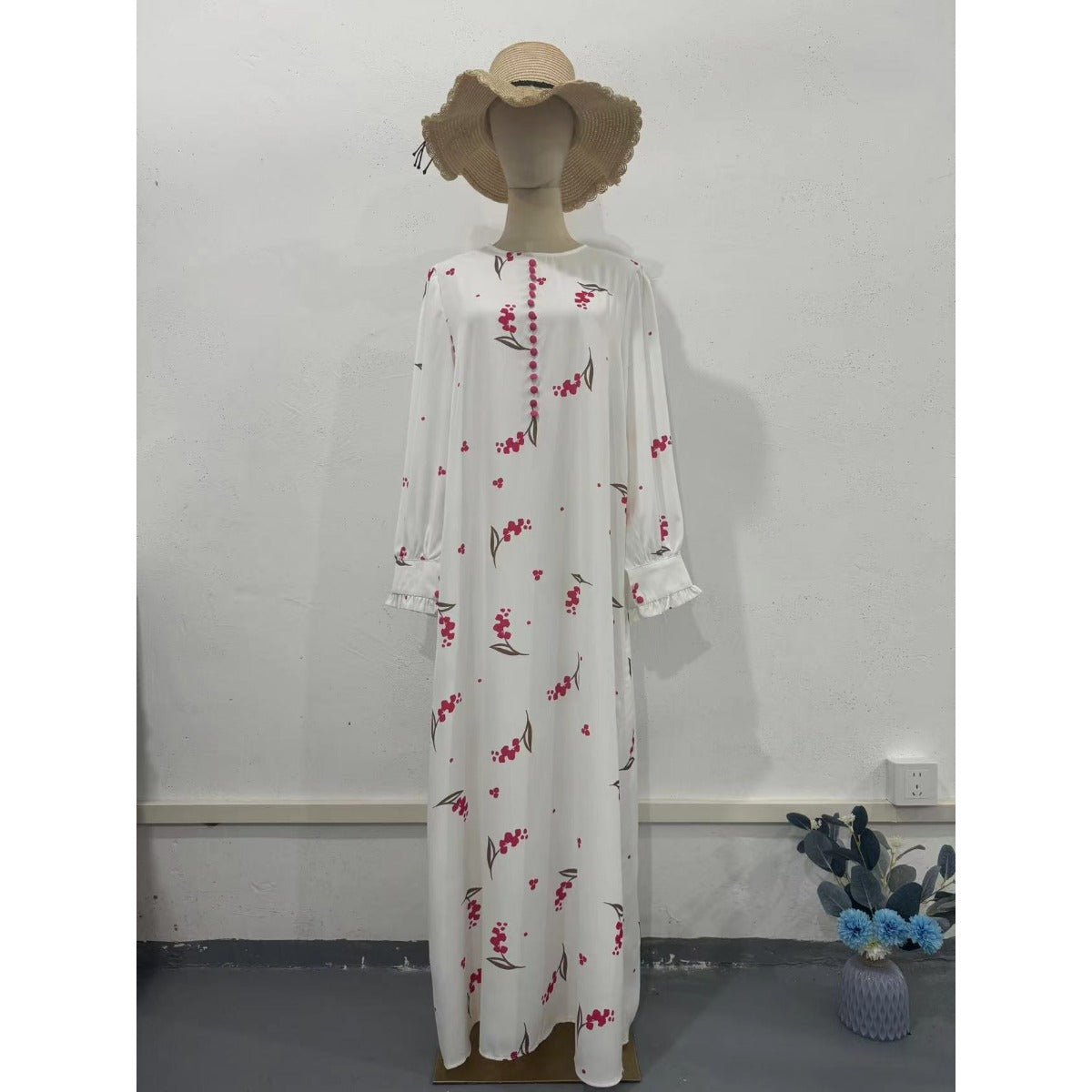 Elegant Ruffle Sleeve Romantic Pink Floral Maxi Dress Modest Gown Abaya (MA227)