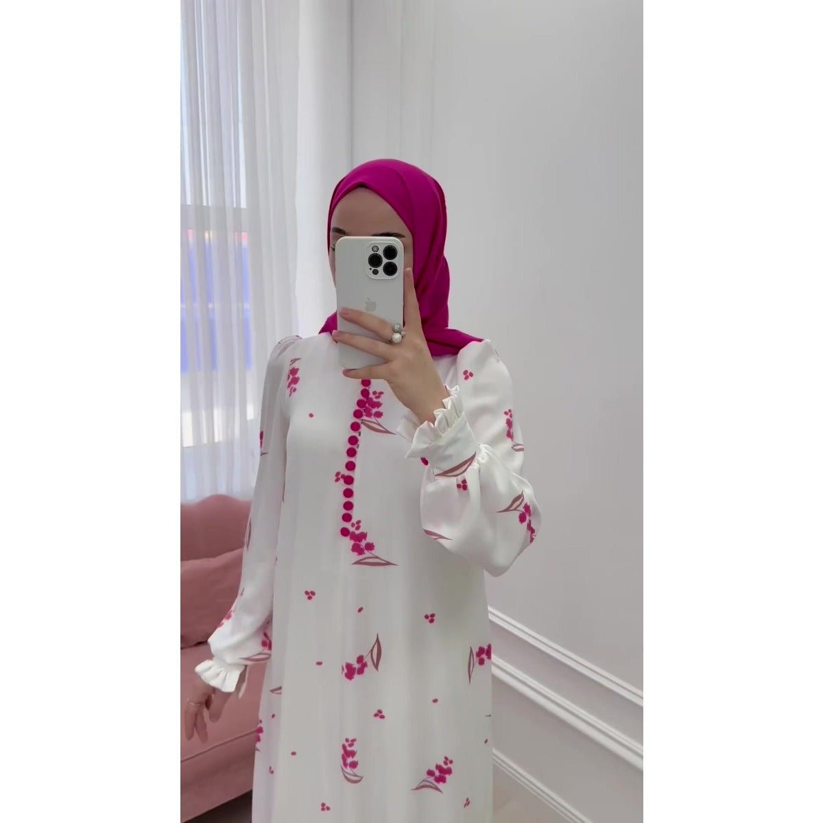 Elegant Ruffle Sleeve Romantic Pink Floral Maxi Dress Modest Gown Abaya (MA227)