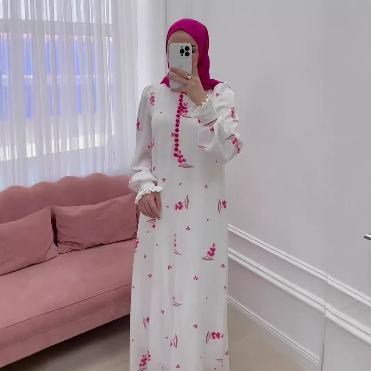 Elegant Ruffle Sleeve Romantic Pink Floral Maxi Dress Modest Gown Abaya (MA227)