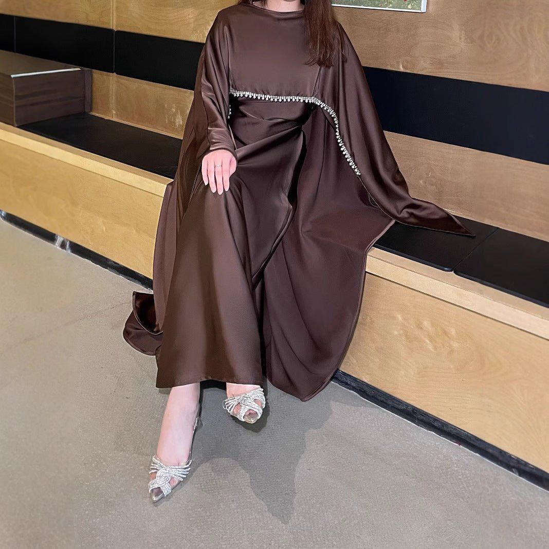 Elegant Satin Abaya with Rhinestone Cape | Luxurious Modest Evening Dress (MA327)
