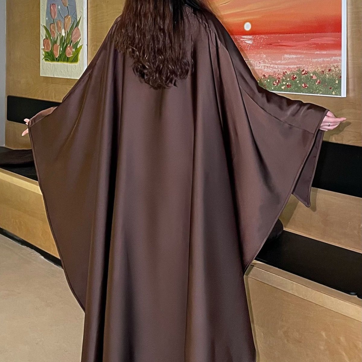 Elegant Satin Abaya with Rhinestone Cape | Luxurious Modest Evening Dress (MA327)