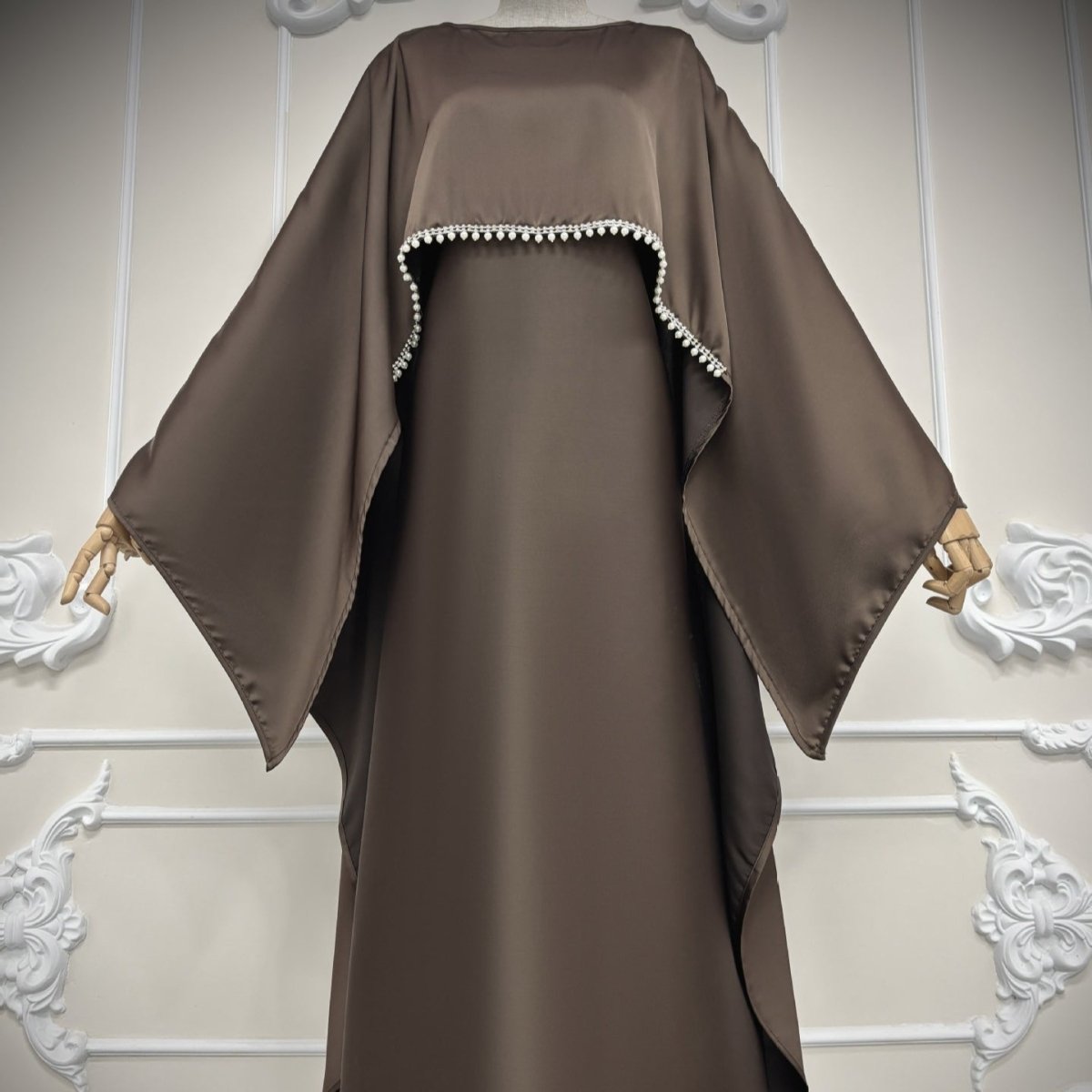 Elegant Satin Abaya with Rhinestone Cape | Luxurious Modest Evening Dress (MA327)