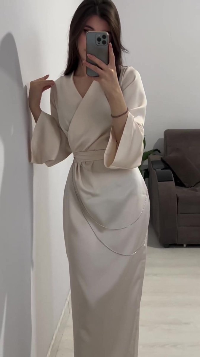 Elegant Satin Maxi Dress Abaya with Waist Chains V-Neck Long Sleeve Solid Color Dresses(MA204)