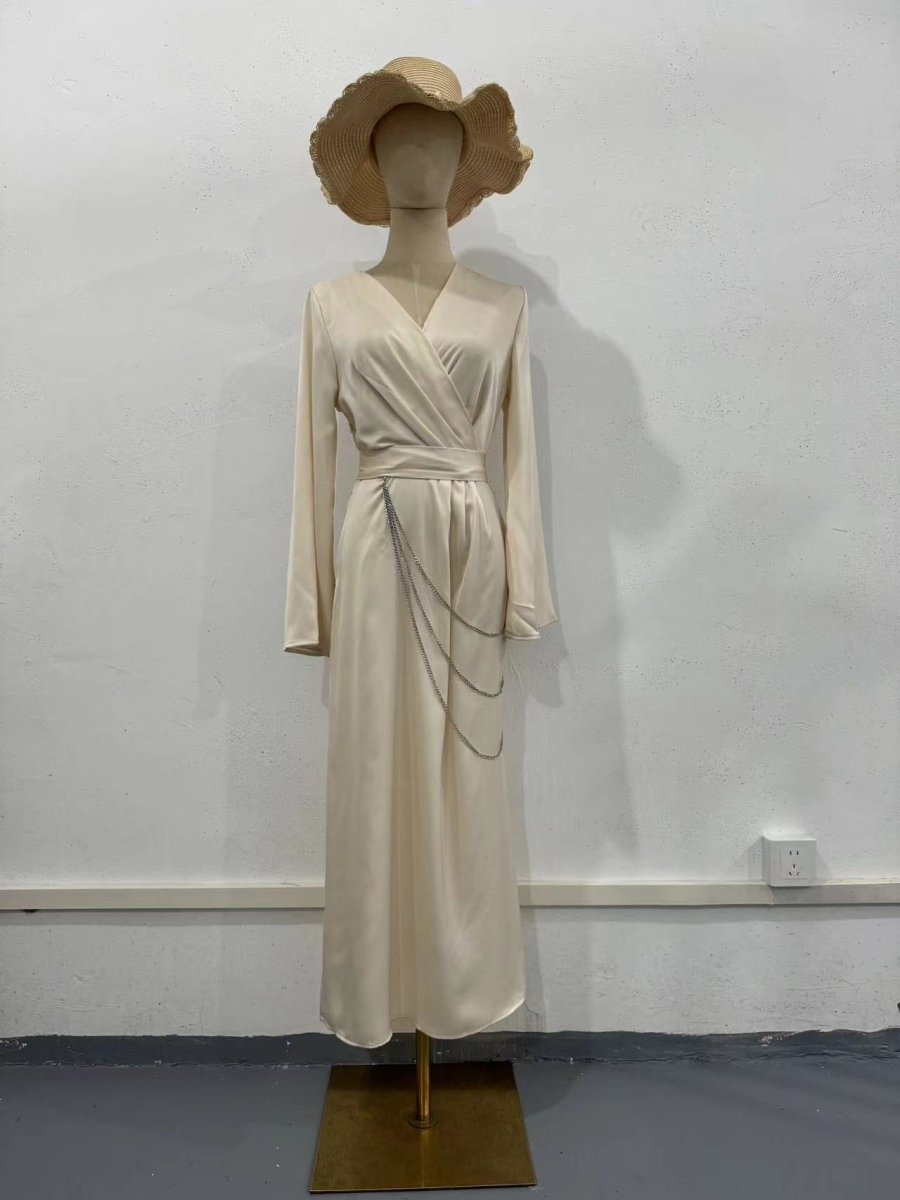 Elegant Satin Maxi Dress Abaya with Waist Chains V-Neck Long Sleeve Solid Color Dresses(MA204)