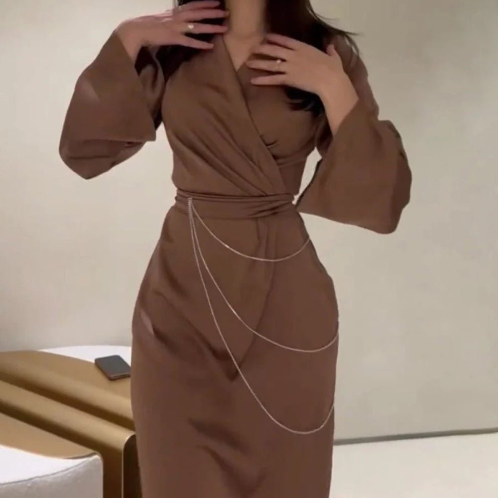 Elegant Satin Maxi Dress Abaya with Waist Chains V-Neck Long Sleeve Solid Color Dresses(MA204)