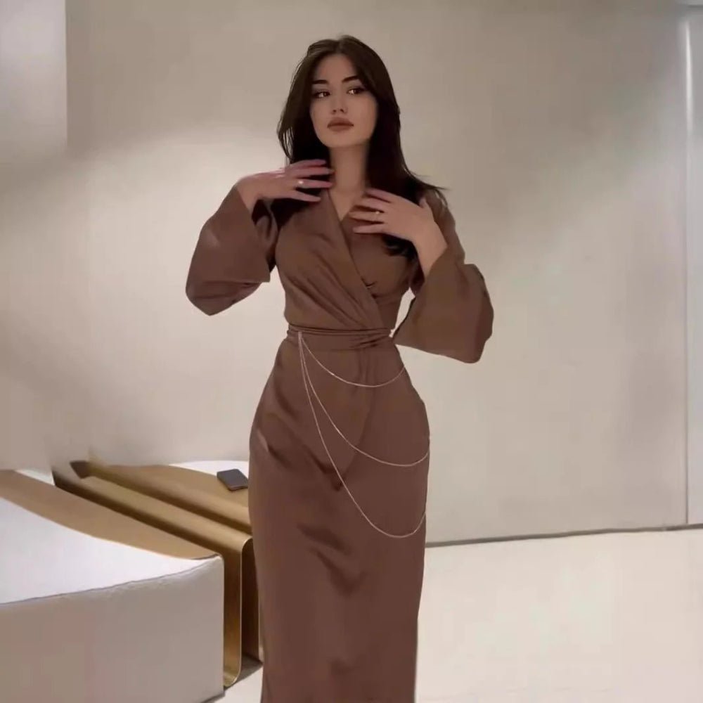 Elegant Satin Maxi Dress Abaya with Waist Chains V-Neck Long Sleeve Solid Color Dresses(MA204)