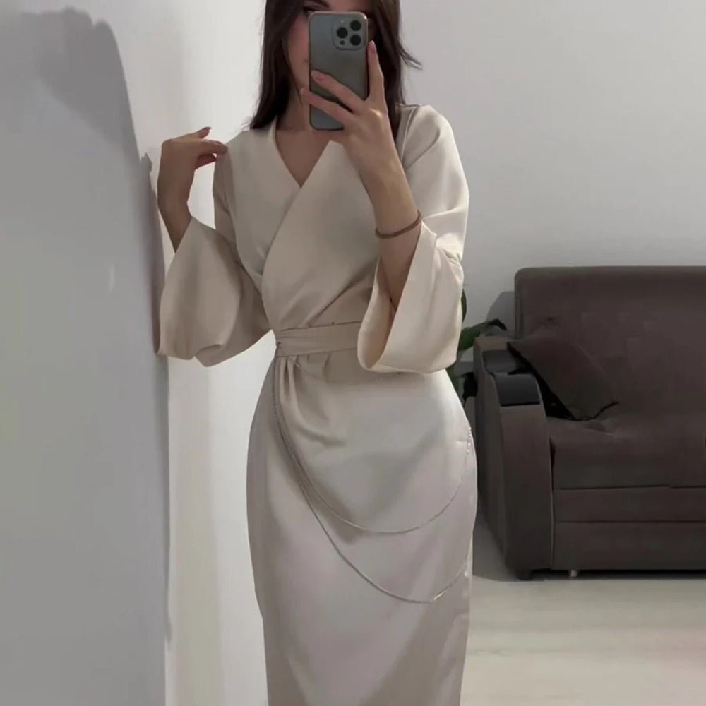 Elegant Satin Maxi Dress Abaya with Waist Chains V-Neck Long Sleeve Solid Color Dresses(MA204)
