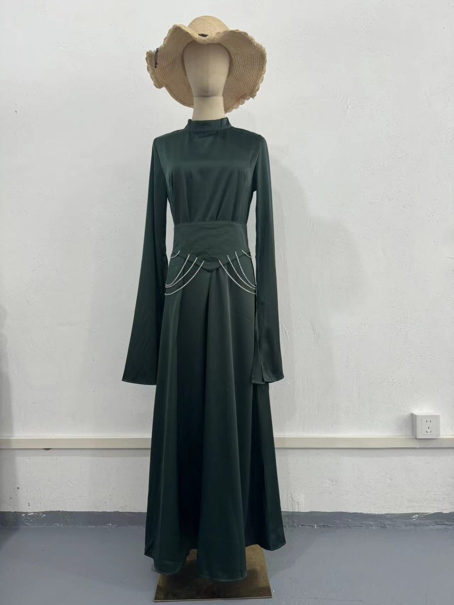 Elegant Semi-Turtleneck Long Sleeve Spring Court-Style Satin Dress Abaya(MA194)