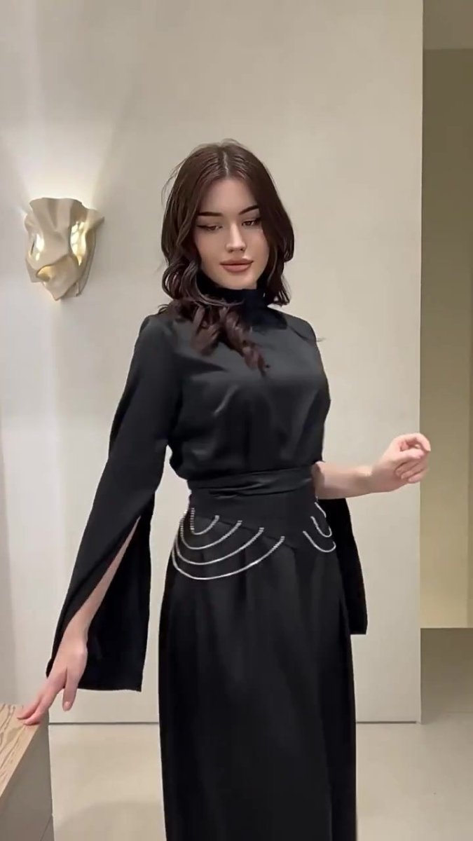 Elegant Semi-Turtleneck Long Sleeve Spring Court-Style Satin Dress Abaya(MA194)