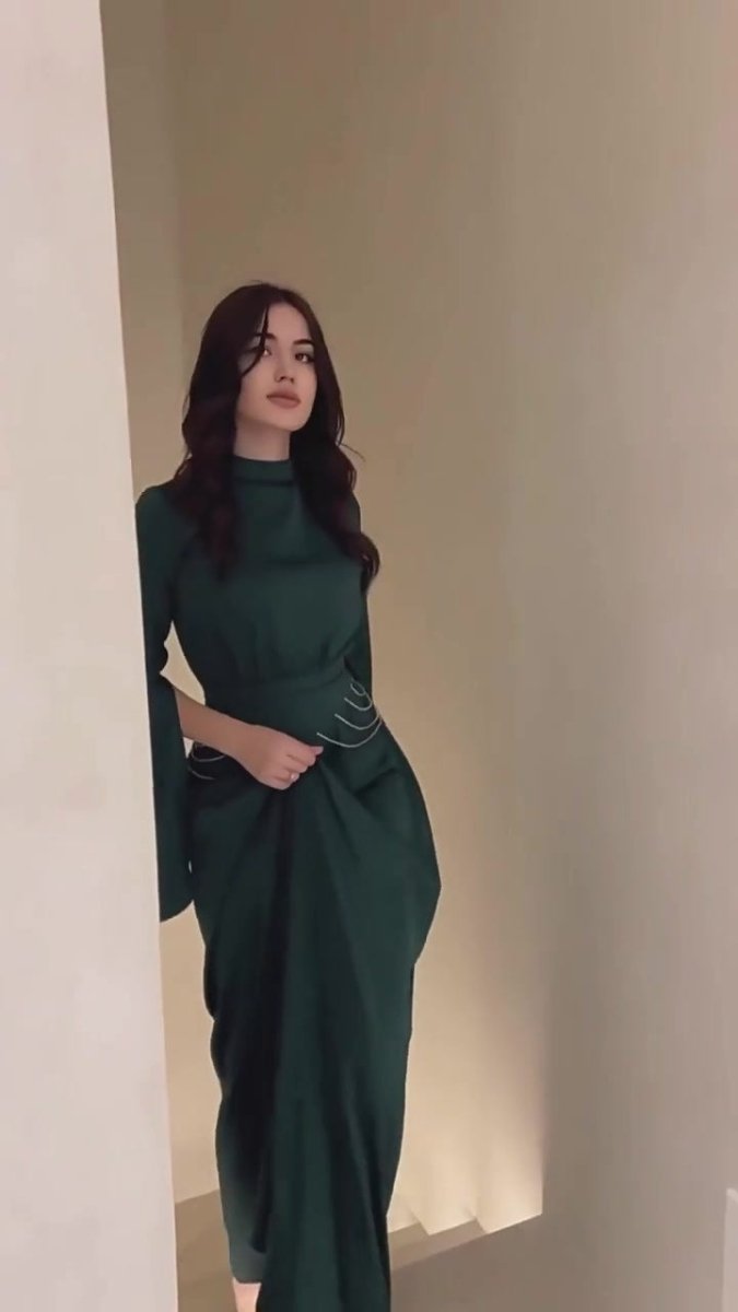 Elegant Semi-Turtleneck Long Sleeve Spring Court-Style Satin Dress Abaya(MA194)