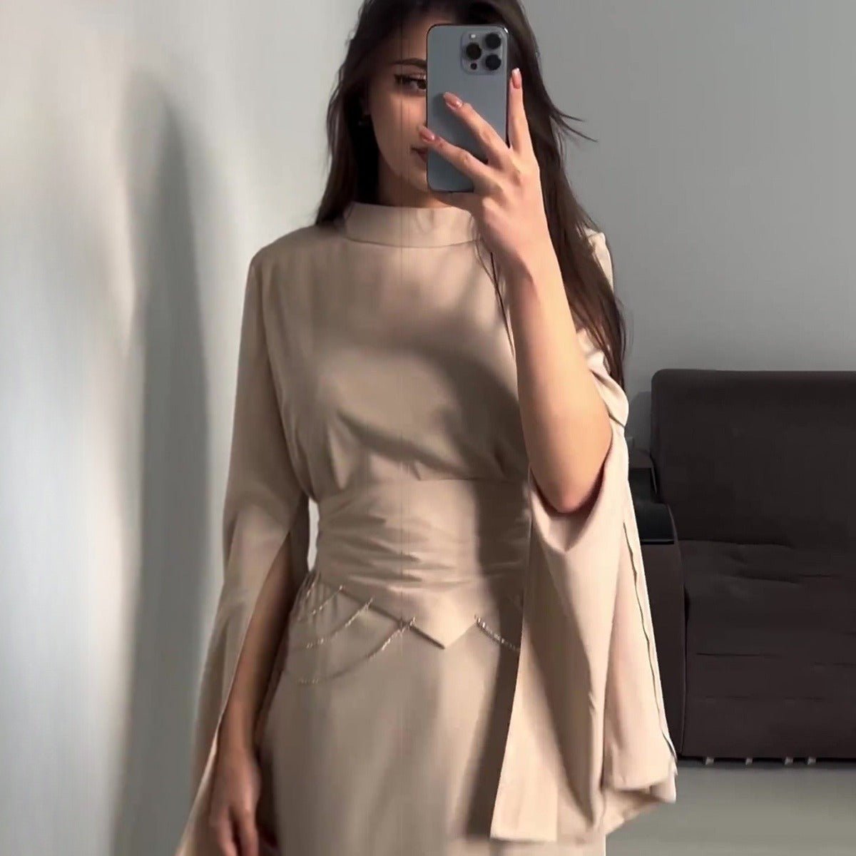 Elegant Semi-Turtleneck Long Sleeve Spring Court-Style Satin Dress Abaya(MA194)