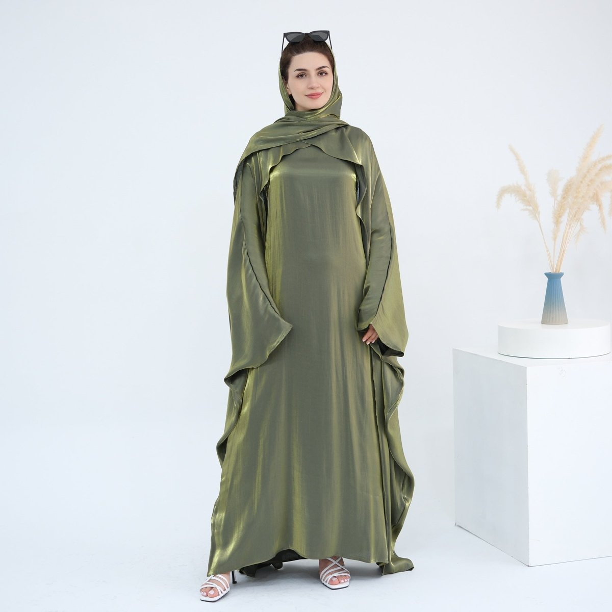 Elegant Shimmer Batwing Abaya Set with Hijab | Two-Piece Pullover Style Layered Look(MA315)